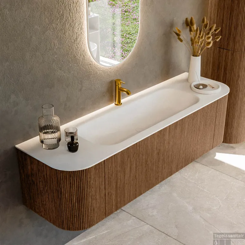 Mondiaz KURVE 160 cm Onderkast Greeploos 1 Lade Met Deuren Walnut, Wastafel Solid Surface Midden Talc 1 Kraangat Zonder Spiegel (KRVBGM160L+R1L2D1KM-Wal/Tal) Rechtstreeks Van De Fabrikant