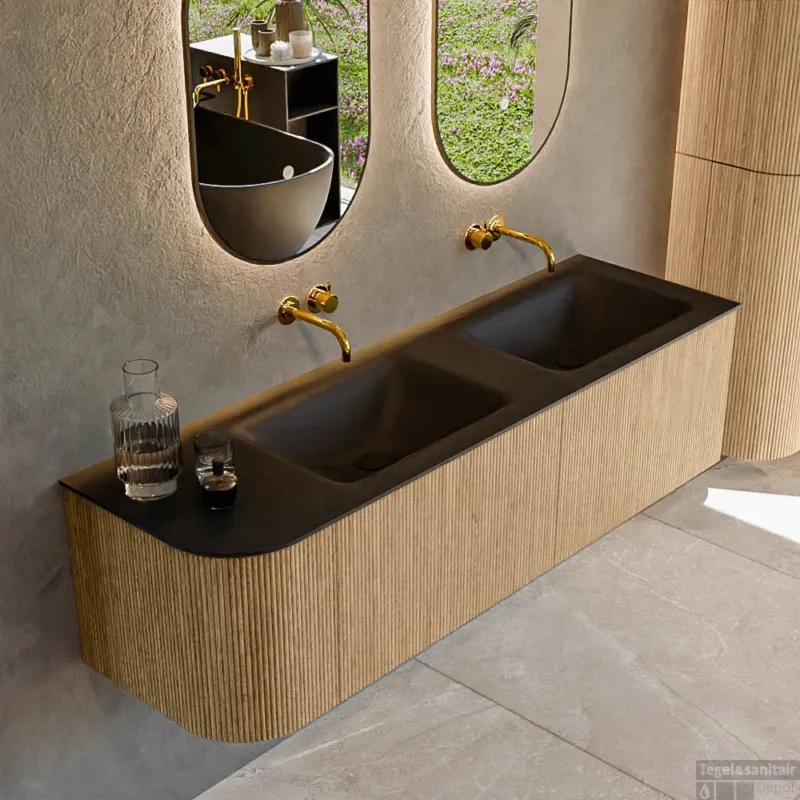 Snelle Levering Mondiaz KURVE 155 cm Onderkast Greeploos 2 Lades Met Deuren Oak, Wastafel Solid Surface Rechts Urban 0 Kraangaten Zonder Spiegel (KRVCLO155L2L1D0KD-Oak/Urb)