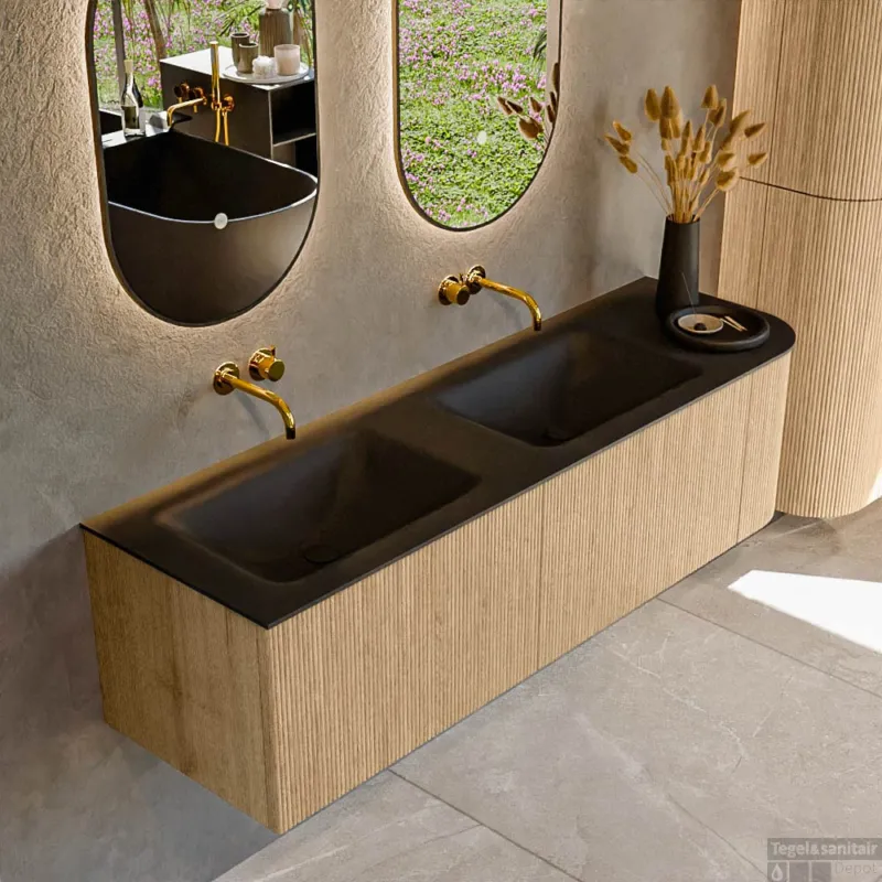Mondiaz KURVE 155 cm Onderkast Greeploos 2 Lades Met Deuren Oak, Wastafel Solid Surface Links Urban 0 Kraangaten Zonder Spiegel (KRVCLO155R2L1D0KD-Oak/Urb) Seizoensaanbieding