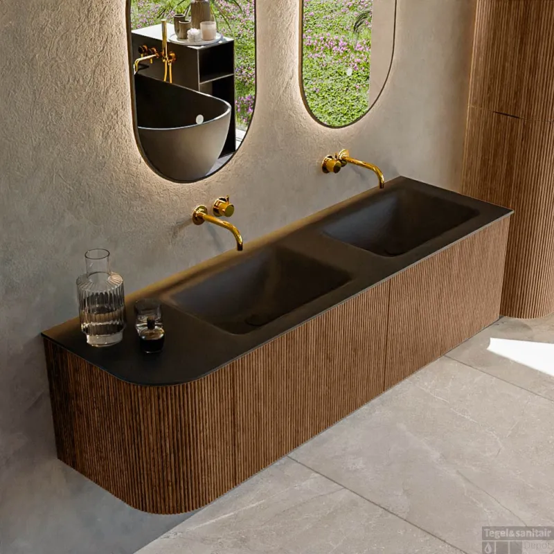 Must-Have Mondiaz KURVE 155 cm Onderkast Greeploos 2 Lades Met Deuren Walnut, Wastafel Solid Surface Rechts Urban 0 Kraangaten Zonder Spiegel (KRVCLO155L2L1D0KD-Wal/Urb)