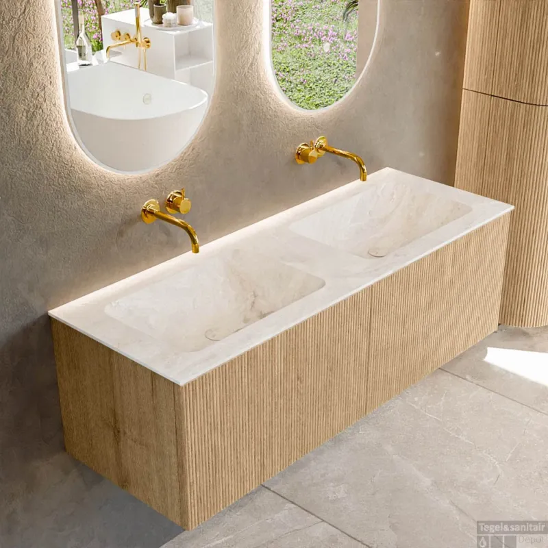 Mondiaz KURVE-DLUX 130 cm Onderkast Greeploos 2 Lades Zonder Deuren Oak, Wastafel Solid Surface Dubbel Frappe 0 Kraangaten Zonder Spiegel (KRVLEA1302L0D0KD-Oak/Fra) Premium