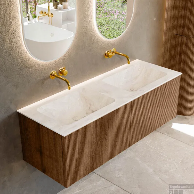 Mondiaz KURVE-DLUX 130 cm Onderkast Greeploos 2 Lades Zonder Deuren Walnut, Wastafel Solid Surface Dubbel Frappe 0 Kraangaten Zonder Spiegel (KRVLEA1302L0D0KD-Wal/Fra) Beperkte Voorraad
