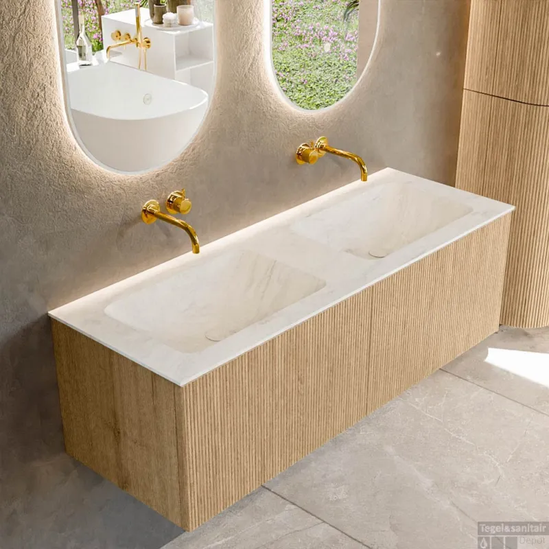 Gecertificeerd Mondiaz KURVE-DLUX 130 cm Onderkast Greeploos 2 Lades Zonder Deuren Oak, Wastafel Solid Surface Dubbel Opalo 0 Kraangaten Zonder Spiegel (KRVLEA1302L0D0KD-Oak/Opa)