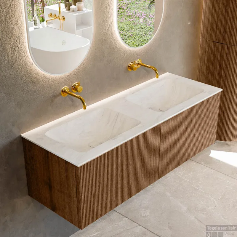 Mondiaz KURVE-DLUX 130 cm Onderkast Greeploos 2 Lades Zonder Deuren Walnut, Wastafel Solid Surface Dubbel Opalo 0 Kraangaten Zonder Spiegel (KRVLEA1302L0D0KD-Wal/Opa) Korting