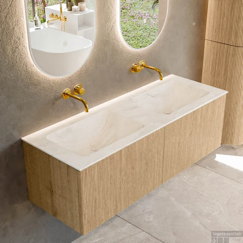 Mondiaz KURVE-DLUX 130 cm Onderkast Greeploos 2 Lades Zonder Deuren Oak, Wastafel Solid Surface Dubbel Ostra 0 Kraangaten Zonder Spiegel (KRVLEA1302L0D0KD-Oak/Ost) Nu Kopen