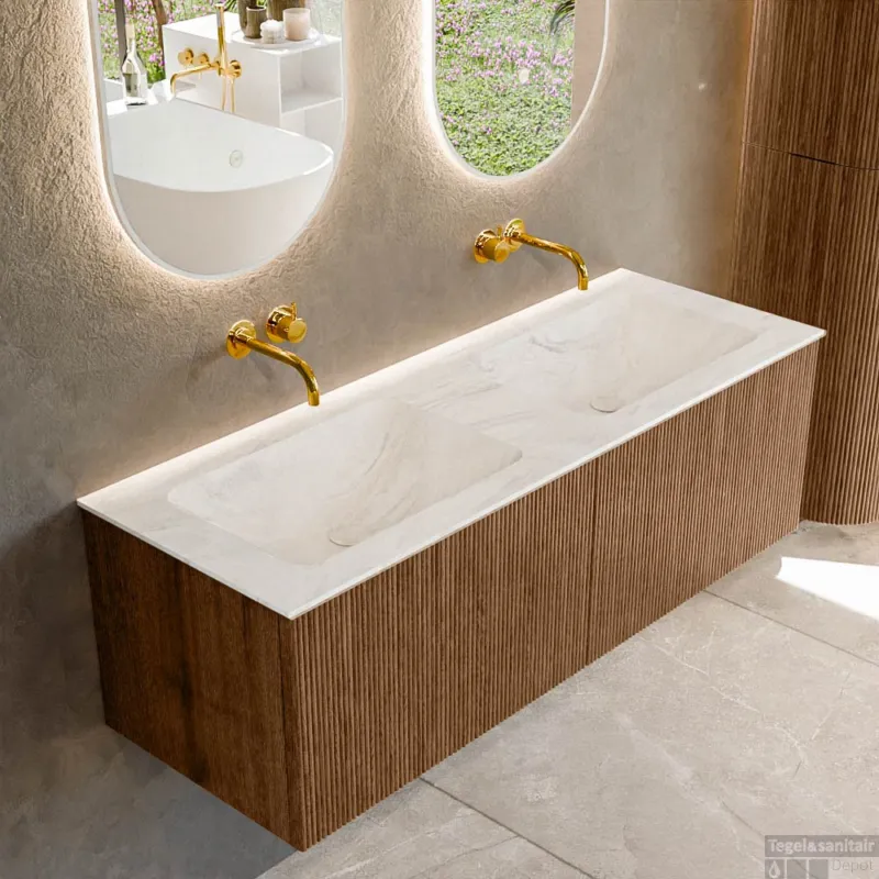 Hoge Kwaliteit Mondiaz KURVE-DLUX 130 cm Onderkast Greeploos 2 Lades Zonder Deuren Walnut, Wastafel Solid Surface Dubbel Ostra 0 Kraangaten Zonder Spiegel (KRVLEA1302L0D0KD-Wal/Ost)