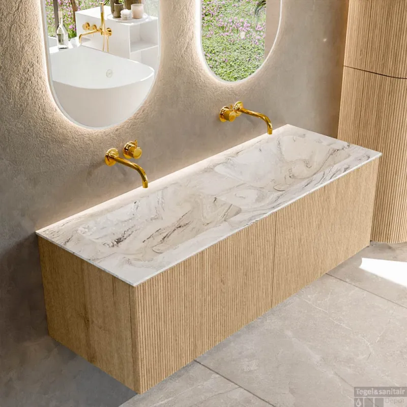 Mondiaz KURVE-DLUX 130 cm Onderkast Greeploos 2 Lades Zonder Deuren Oak, Wastafel Solid Surface Dubbel Glace 0 Kraangaten Zonder Spiegel (KRVLEA1302L0D0KD-Oak/Gla) Gereduceerde Prijs