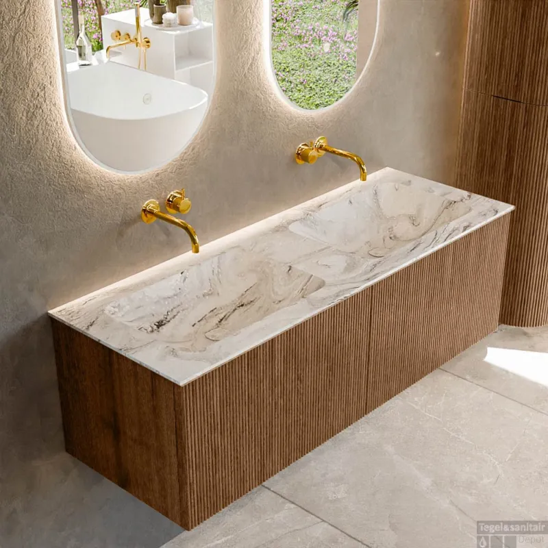 Betaalbaar Mondiaz KURVE-DLUX 130 cm Onderkast Greeploos 2 Lades Zonder Deuren Walnut, Wastafel Solid Surface Dubbel Glace 0 Kraangaten Zonder Spiegel (KRVLEA1302L0D0KD-Wal/Gla)