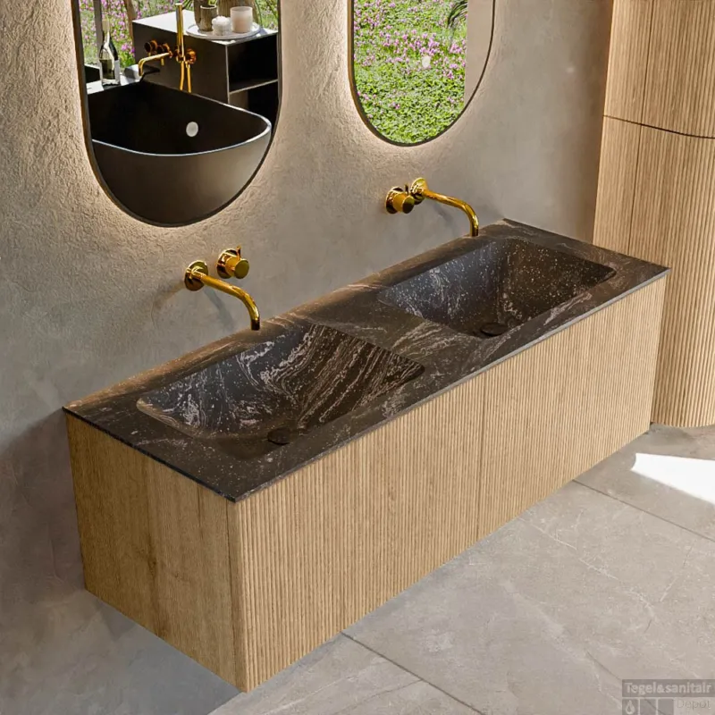 Rechtstreeks Van De Fabrikant Mondiaz KURVE-DLUX 130 cm Onderkast Greeploos 2 Lades Zonder Deuren Oak, Wastafel Solid Surface Dubbel Lava 0 Kraangaten Zonder Spiegel (KRVLEA1302L0D0KD-Oak/Lav)