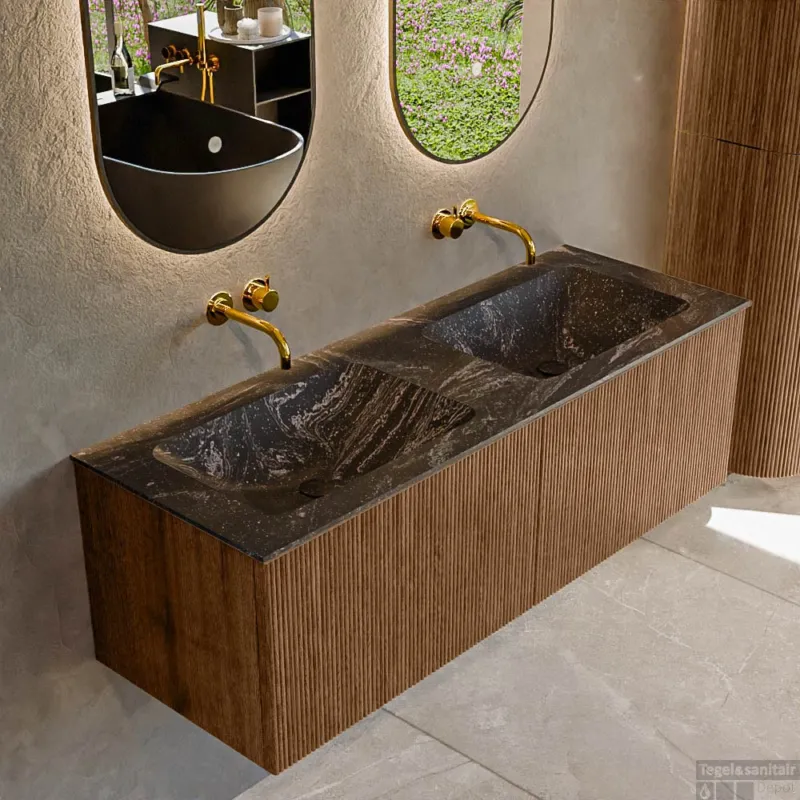 Mondiaz KURVE-DLUX 130 cm Onderkast Greeploos 2 Lades Zonder Deuren Walnut, Wastafel Solid Surface Dubbel Lava 0 Kraangaten Zonder Spiegel (KRVLEA1302L0D0KD-Wal/Lav) Veilige Betaling
