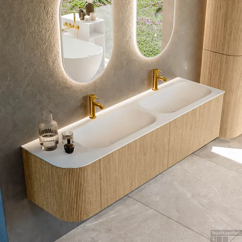 Mondiaz KURVE 165 cm Onderkast Greeploos 2 Lades Met Deuren Oak, Wastafel Solid Surface Rechts Talc 2 Kraangaten Zonder Spiegel (KRVBGS165L2L1D2KD-Oak/Tal) Lage Kosten