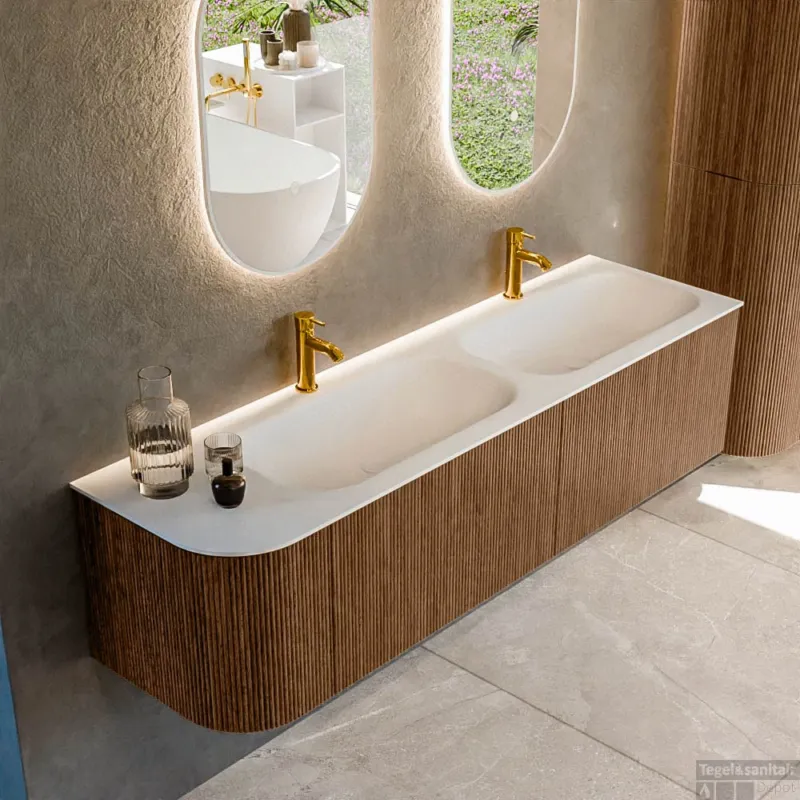 Mondiaz KURVE 165 cm Onderkast Greeploos 2 Lades Met Deuren Walnut, Wastafel Solid Surface Rechts Talc 2 Kraangaten Zonder Spiegel (KRVBGS165L2L1D2KD-Wal/Tal) Gereduceerde Prijs