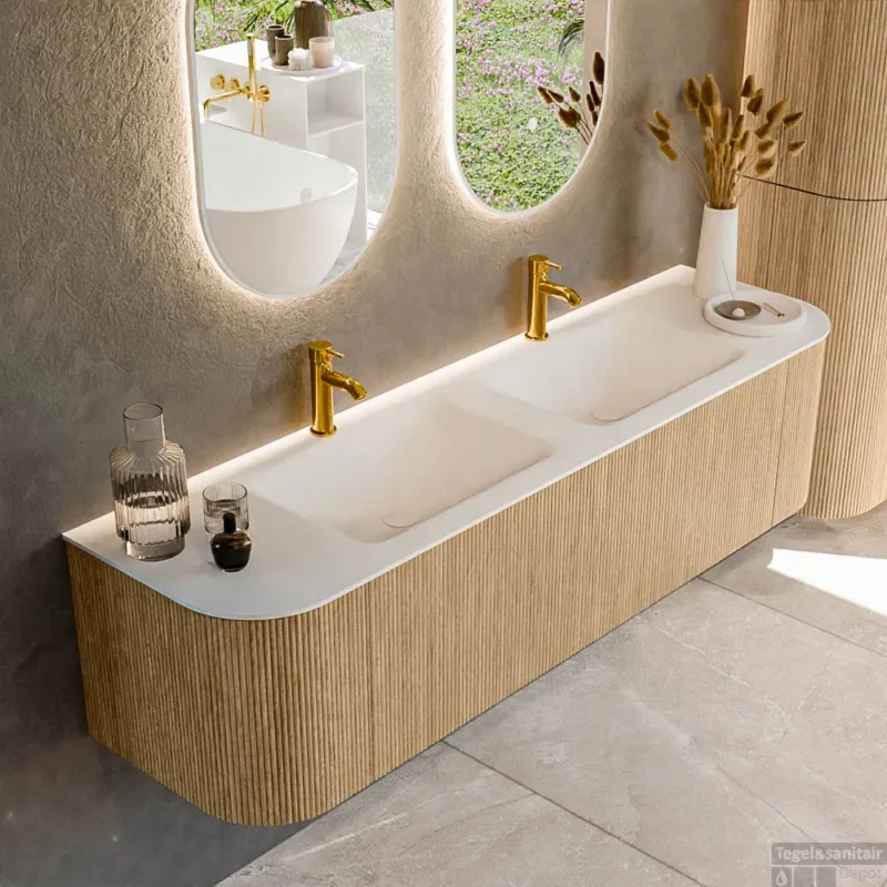 Korting Mondiaz KURVE 170 cm Onderkast Greeploos 1 Lade Met Deuren Oak, Wastafel Solid Surface Dubbel Talc 2 Kraangaten Zonder Spiegel (KRVCLO170L+R1L2D2KD-Oak/Tal)