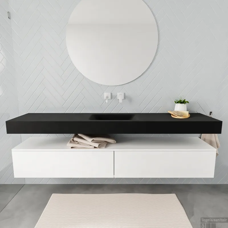 Badkamermeubel BWS Ibiza 200 cm Mat Wit Twee Soft-Close Lades Solid Surface Wastafel Mat Zwart (acht varianten) Gereduceerde Prijs
