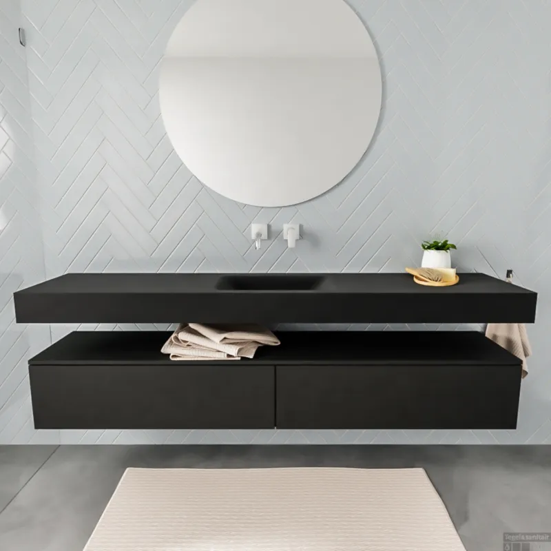 Premium Badkamermeubel BWS Ibiza 200 cm Twee Soft-Close Lades Solid Surface Wastafel Mat Zwart (acht varianten)