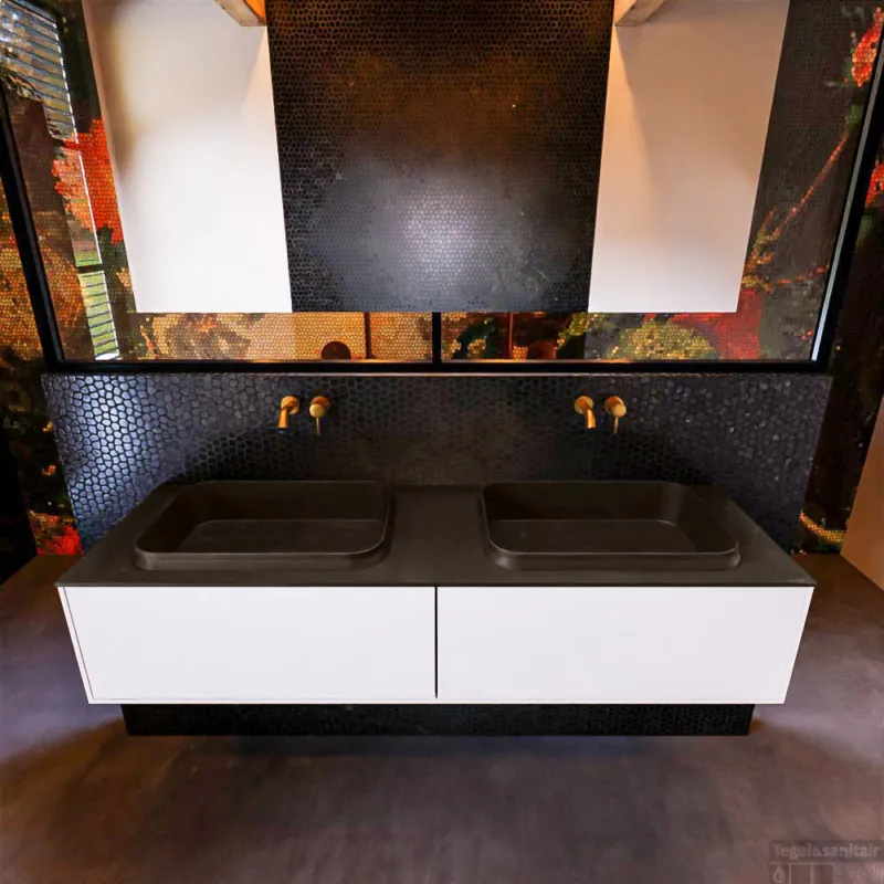 Badkamermeubelset Mondiaz Erin 150 cm met 2 Lades met RIDGE Wastafel Dubbel Urban Zonder Kraangaten Greeploos Mat Talc Goedkoop