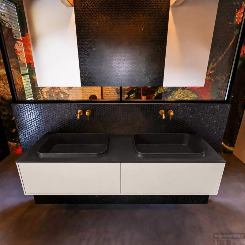 Shop Nu Badkamermeubelset Mondiaz Erin 150 cm met 2 Lades met RIDGE Wastafel Dubbel Urban Zonder Kraangaten Greeploos Mat Linen