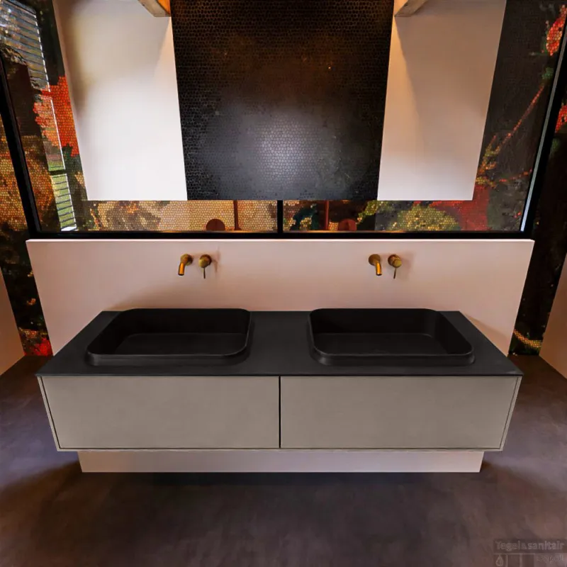 Badkamermeubelset Mondiaz Erin 150 cm met 2 Lades met RIDGE Wastafel Dubbel Urban Zonder Kraangaten Greeploos Mat Smoke Nieuw