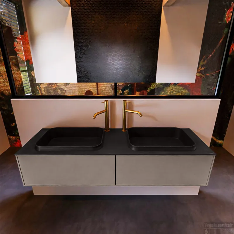 Badkamermeubelset Mondiaz Erin 150 cm met 2 Lades met RIDGE Wastafel Dubbel Urban met 2 kraangaten Greeploos Mat Smoke Betaalbaar
