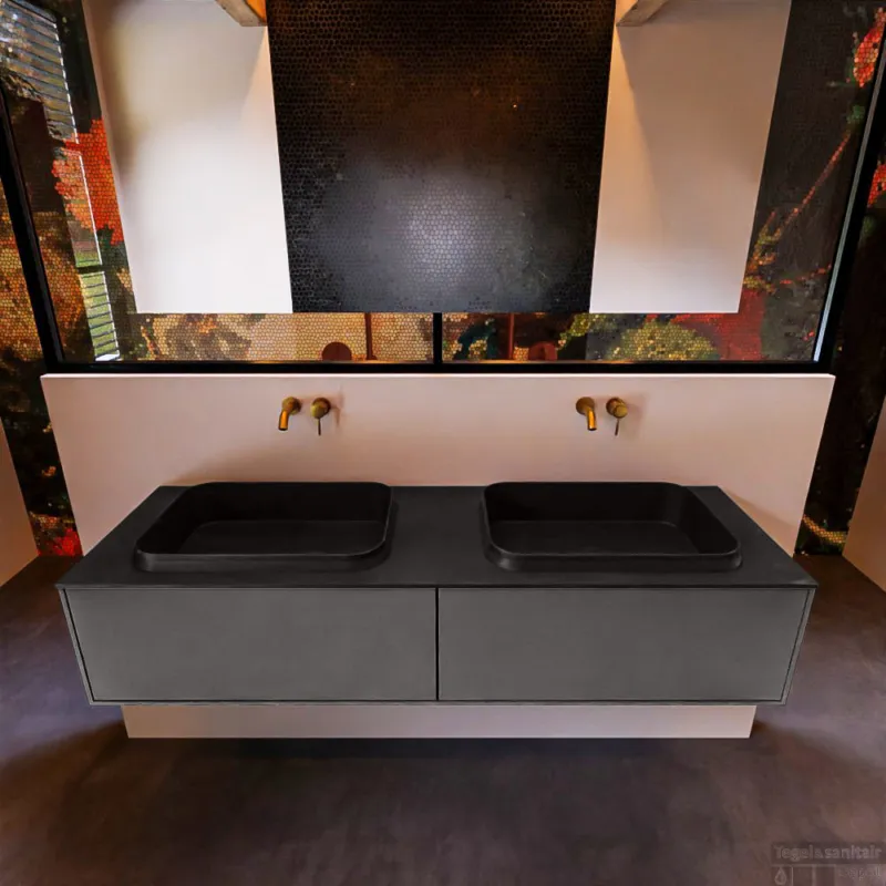 Rechtstreeks Van De Fabrikant Badkamermeubelset Mondiaz Erin 150 cm met 2 Lades met RIDGE Wastafel Dubbel Urban Zonder Kraangaten Greeploos Mat Dark Grey