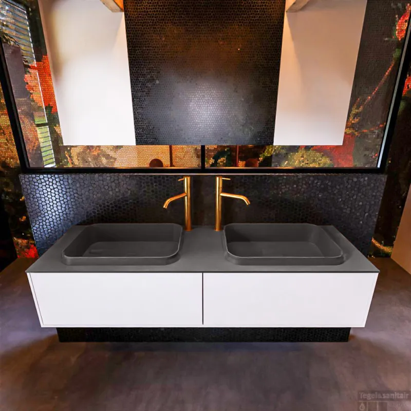 Badkamermeubelset Mondiaz Erin 150 cm met 2 Lades met RIDGE Wastafel Dubbel Dark grey met 2 kraangaten Greeploos Mat Talc Bestseller