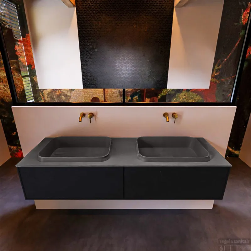 Badkamermeubelset Mondiaz Erin 150 cm met 2 Lades met RIDGE Wastafel Dubbel Dark grey Zonder Kraangaten Greeploos Mat Urban Veilige Betaling