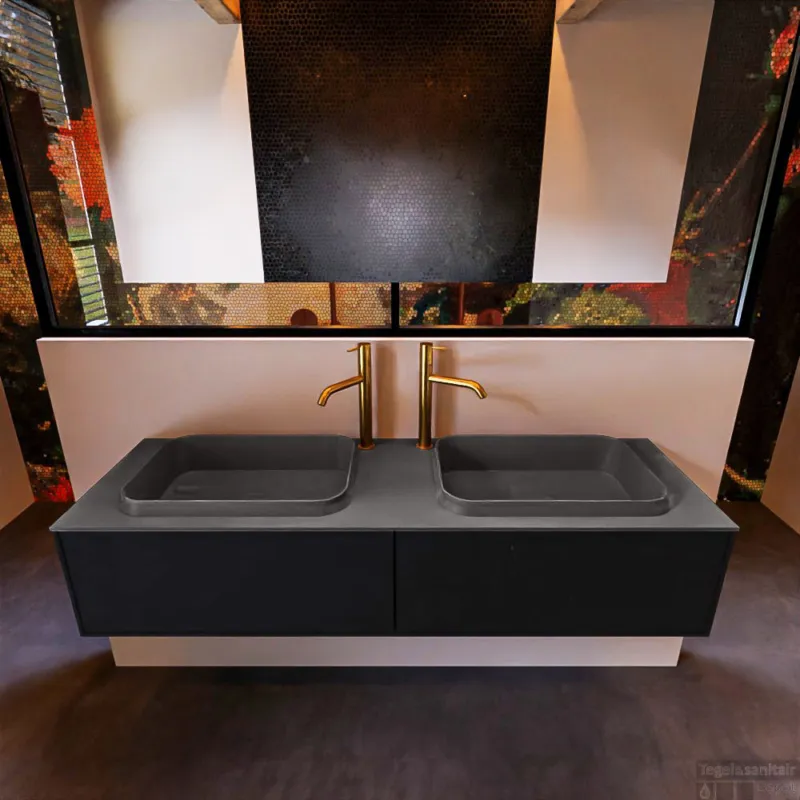 Badkamermeubelset Mondiaz Erin 150 cm met 2 Lades met RIDGE Wastafel Dubbel Dark grey met 2 kraangaten Greeploos Mat Urban Korting