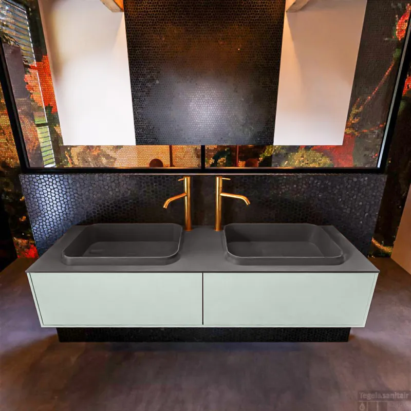 Badkamermeubelset Mondiaz Erin 150 cm met 2 Lades met RIDGE Wastafel Dubbel Dark grey met 2 kraangaten Greeploos Mat Greey Finale Uitverkoop