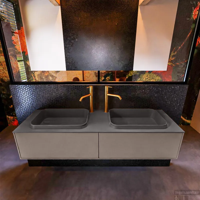 Betaalbaar Badkamermeubelset Mondiaz Erin 150 cm met 2 Lades met RIDGE Wastafel Dubbel Dark grey met 2 kraangaten Greeploos Mat Smoke