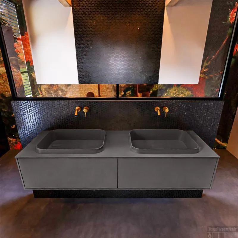Dagaanbieding Badkamermeubelset Mondiaz Erin 150 cm met 2 Lades met RIDGE Wastafel Dubbel Dark grey Zonder Kraangaten Greeploos Mat Dark Grey