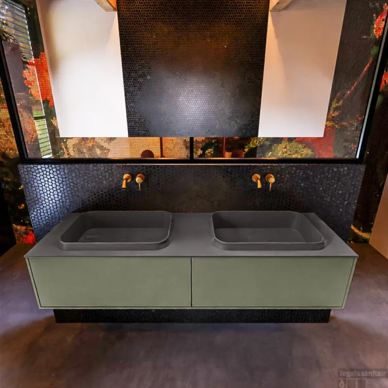 Must-Have Badkamermeubelset Mondiaz Erin 150 cm met 2 Lades met RIDGE Wastafel Dubbel Dark grey Zonder Kraangaten Greeploos Mat Army