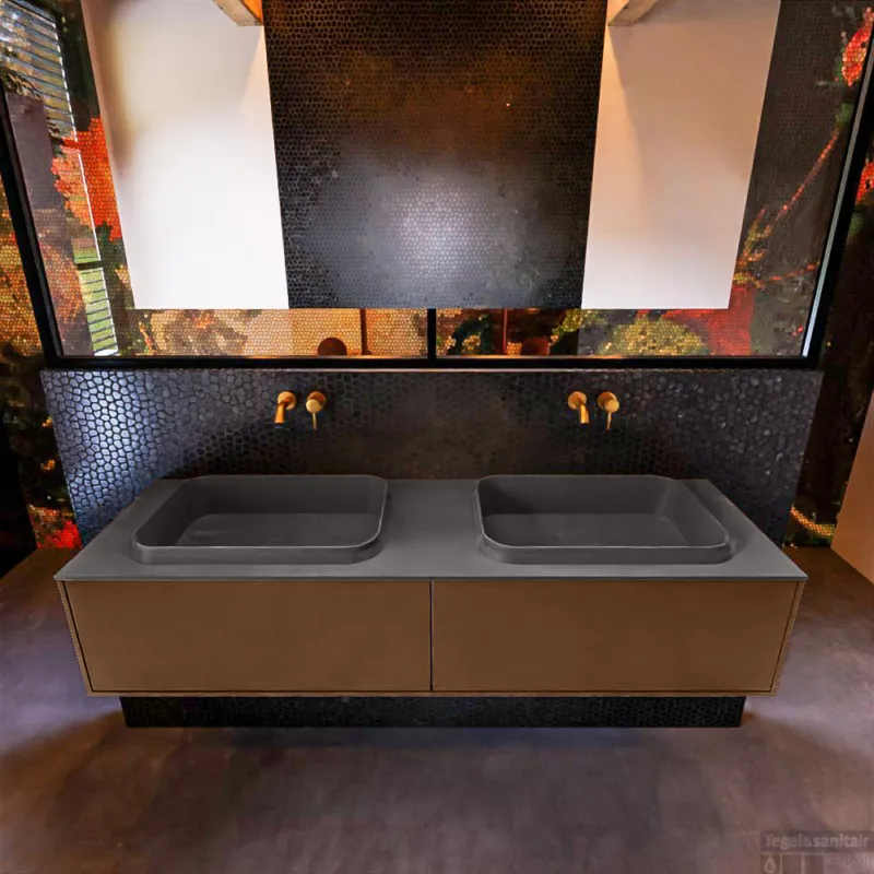 Direct Beschikbaar Badkamermeubelset Mondiaz Erin 150 cm met 2 Lades met RIDGE Wastafel Dubbel Dark grey Zonder Kraangaten Greeploos Mat Rust