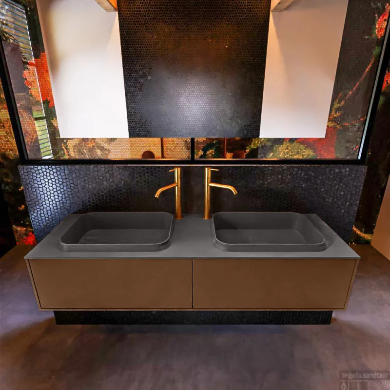 Badkamermeubelset Mondiaz Erin 150 cm met 2 Lades met RIDGE Wastafel Dubbel Dark grey met 2 kraangaten Greeploos Mat Rust Beperkte Voorraad
