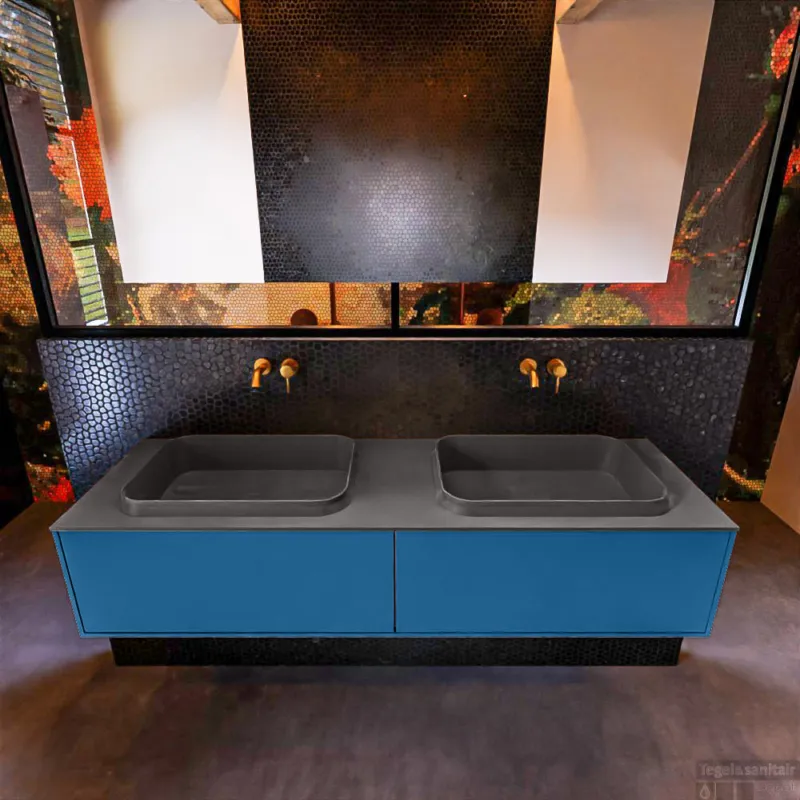 Badkamermeubelset Mondiaz Erin 150 cm met 2 Lades met RIDGE Wastafel Dubbel Dark grey Zonder Kraangaten Greeploos Mat Jeans Superprijs