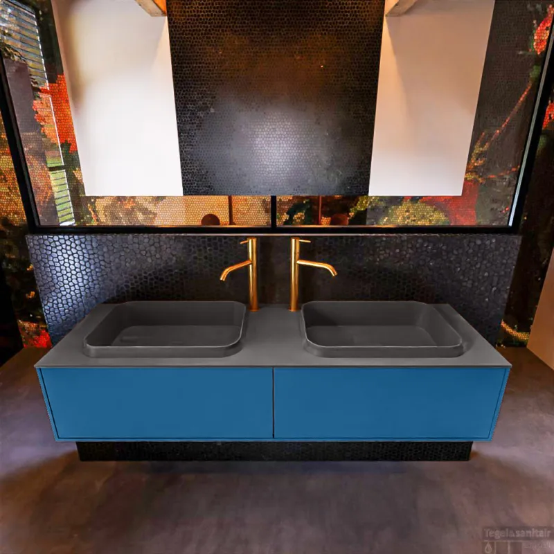 Badkamermeubelset Mondiaz Erin 150 cm met 2 Lades met RIDGE Wastafel Dubbel Dark grey met 2 kraangaten Greeploos Mat Jeans Lage Kosten
