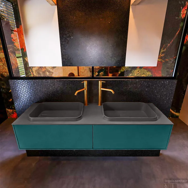 Badkamermeubelset Mondiaz Erin 150 cm met 2 Lades met RIDGE Wastafel Dubbel Dark grey met 2 kraangaten Greeploos Mat Smag Fabrieksprijs