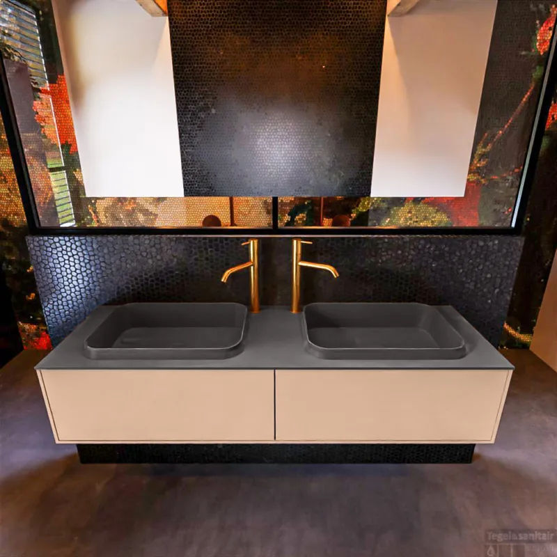 Badkamermeubelset Mondiaz Erin 150 cm met 2 Lades met RIDGE Wastafel Dubbel Dark grey met 2 kraangaten Greeploos Mat Rosee Bestseller