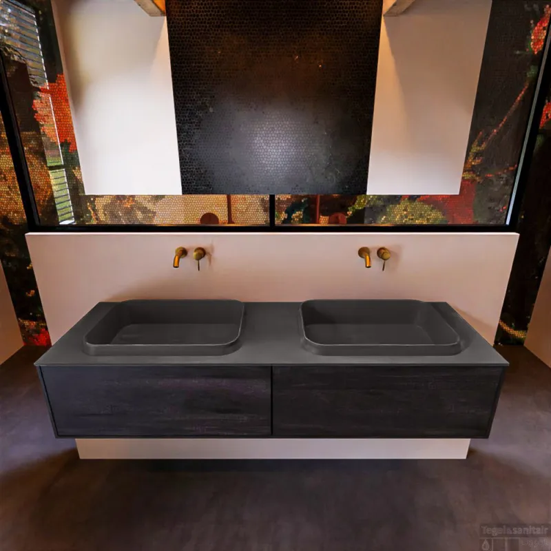 Exclusieve Aanbieding Badkamermeubelset Mondiaz Erin 150 cm met 2 Lades met RIDGE Wastafel Dubbel Dark grey Zonder Kraangaten Greeploos Mat Antracite