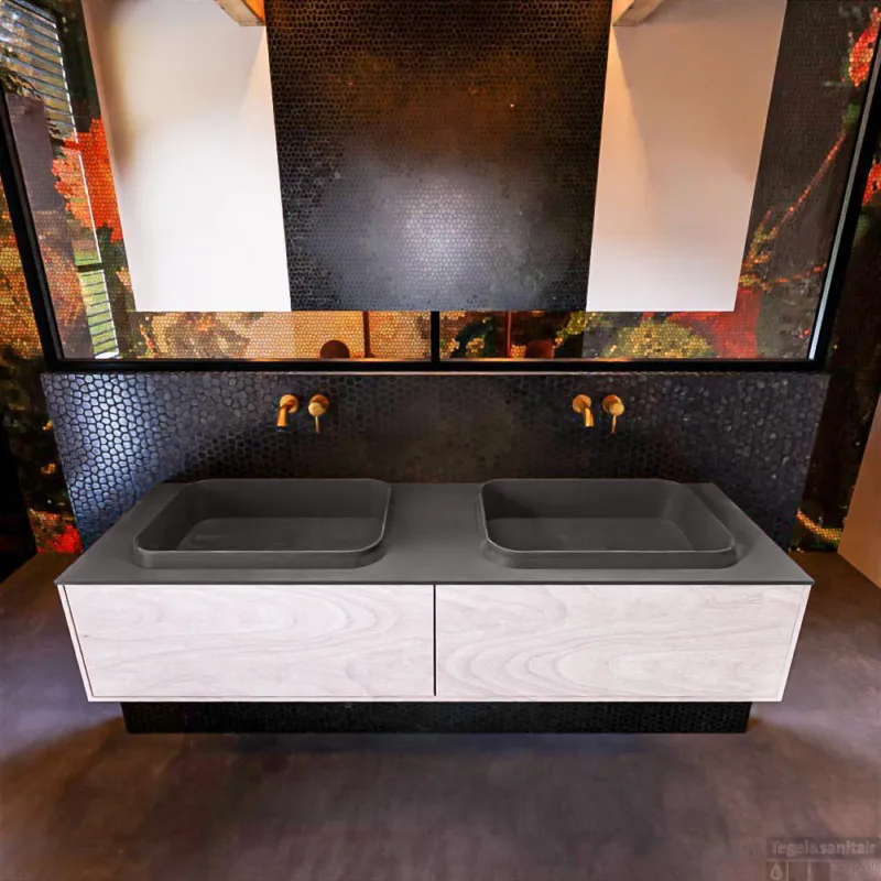 Actieprijs Badkamermeubelset Mondiaz Erin 150 cm met 2 Lades met RIDGE Wastafel Dubbel Dark grey Zonder Kraangaten Greeploos Mat Underlayment