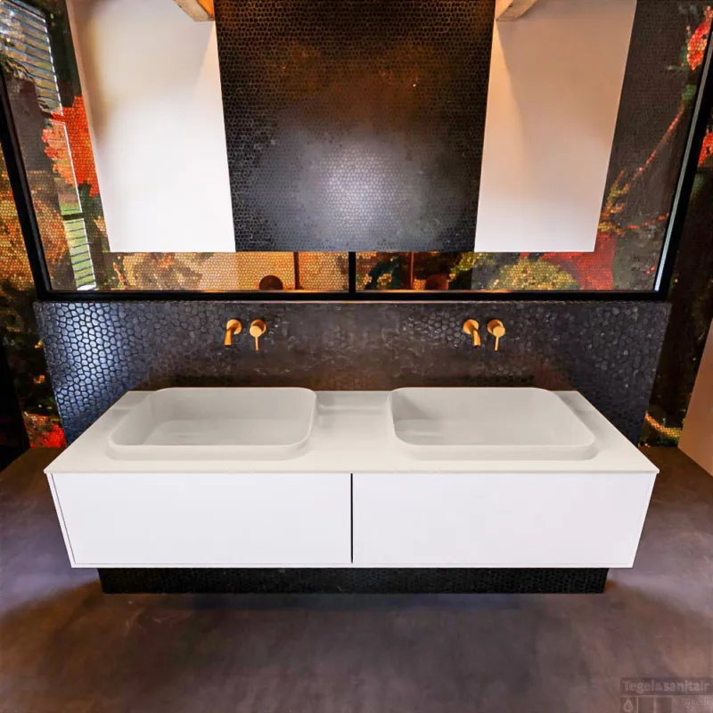 Aanbieding Badkamermeubelset Mondiaz Erin 150 cm met 2 Lades met RIDGE Wastafel Dubbel Linen Zonder Kraangaten Greeploos Mat Talc