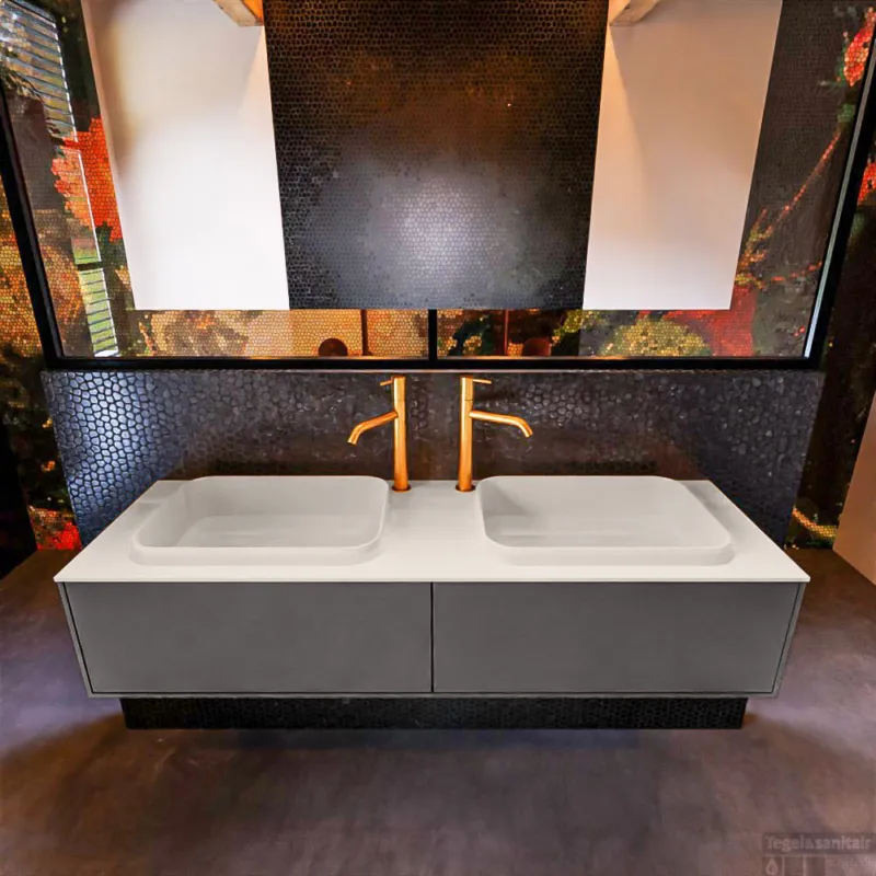 Badkamermeubelset Mondiaz Erin 150 cm met 2 Lades met RIDGE Wastafel Dubbel Linen met 2 kraangaten Greeploos Mat Dark Grey Actieprijs