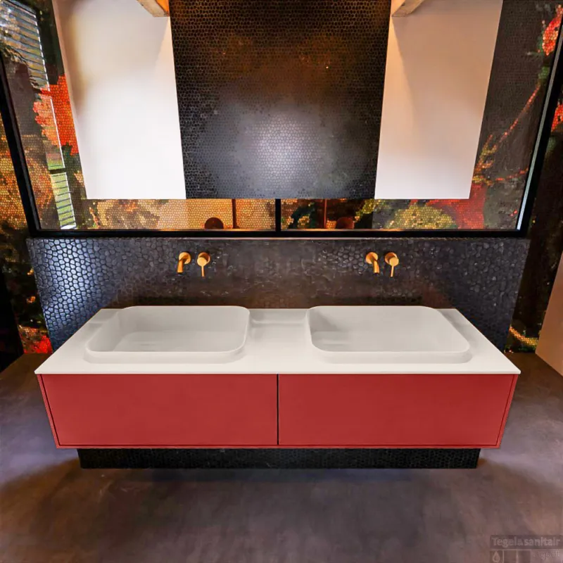 Badkamermeubelset Mondiaz Erin 150 cm met 2 Lades met RIDGE Wastafel Dubbel Linen Zonder Kraangaten Greeploos Mat Fire Laatste Versie