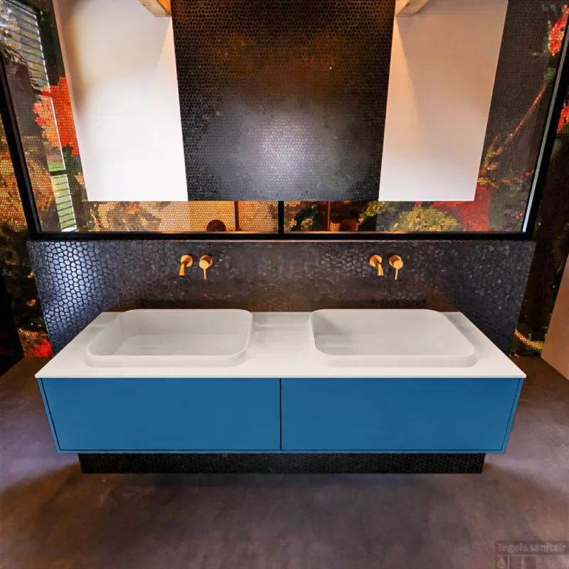 Badkamermeubelset Mondiaz Erin 150 cm met 2 Lades met RIDGE Wastafel Dubbel Linen Zonder Kraangaten Greeploos Mat Jeans Voordeelprijs
