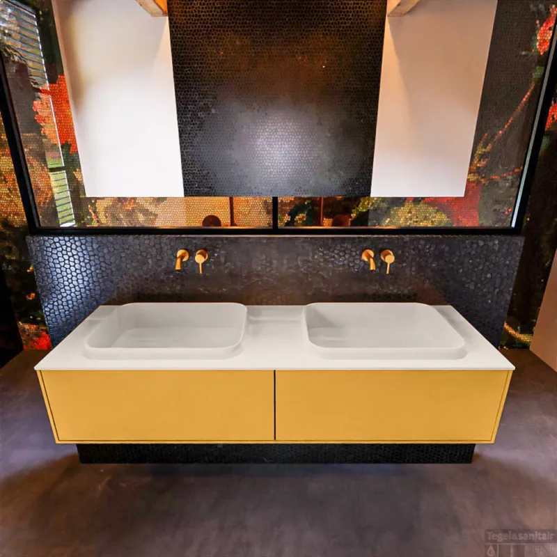 Badkamermeubelset Mondiaz Erin 150 cm met 2 Lades met RIDGE Wastafel Dubbel Linen Zonder Kraangaten Greeploos Mat Ocher Populair