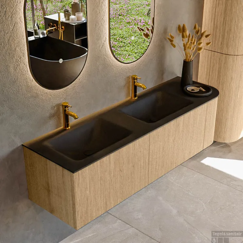 Gereduceerde Prijs Mondiaz KURVE 155 cm Onderkast Greeploos 2 Lades Met Deuren Oak, Wastafel Solid Surface Links Urban 2 Kraangaten Zonder Spiegel (KRVCLO155R2L1D2KD-Oak/Urb)