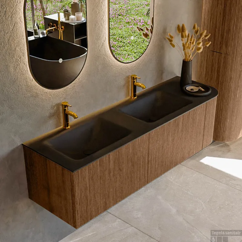 Speciale Aanbieding Mondiaz KURVE 155 cm Onderkast Greeploos 2 Lades Met Deuren Walnut, Wastafel Solid Surface Links Urban 2 Kraangaten Zonder Spiegel (KRVCLO155R2L1D2KD-Wal/Urb)