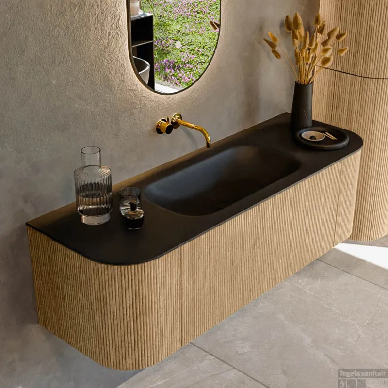 Betaalbaar Mondiaz KURVE 140 cm Onderkast Greeploos 1 Lade Met Deuren Oak, Wastafel Solid Surface Midden Urban 0 Kraangaten Zonder Spiegel (KRVBGS140L+R1L2D0KM-Oak/Urb)