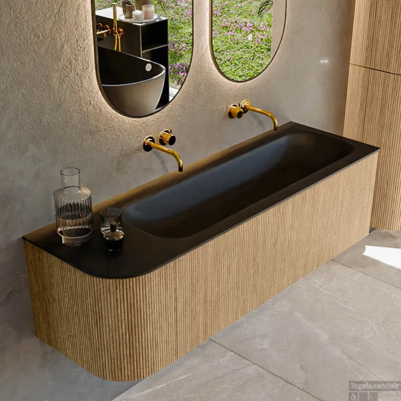 Hoge Kwaliteit Mondiaz KURVE 145 cm Onderkast Greeploos 1 Lade Met Deuren Oak, Wastafel Solid Surface Rechts Urban 0 Kraangaten Zonder Spiegel (KRVBGL145L1L1D0KR-Oak/Urb)