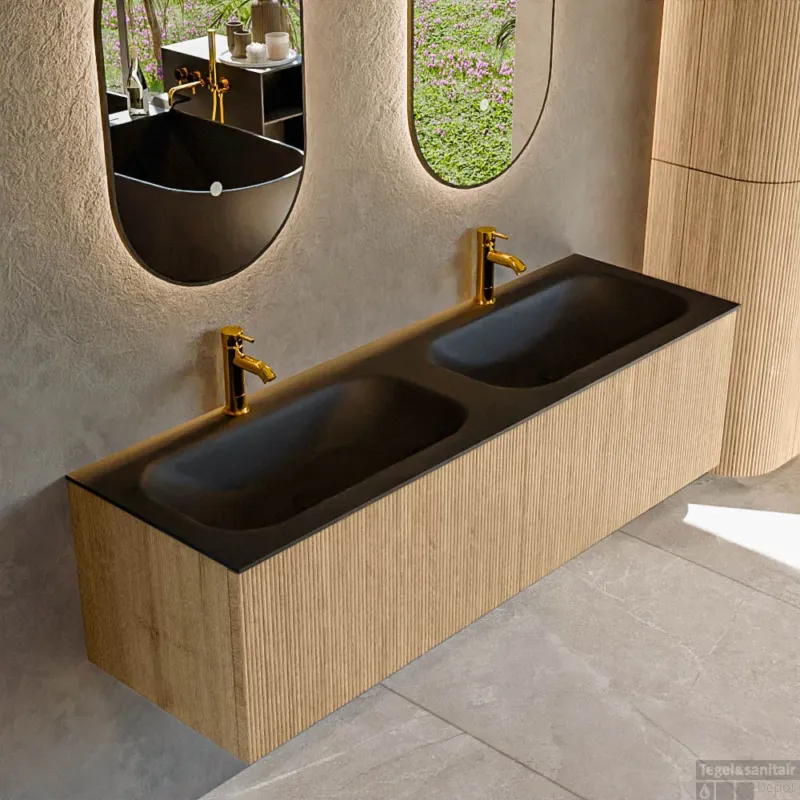 Bestel Nu Mondiaz KURVE 150 cm Onderkast Greeploos 2 Lades Zonder Deuren Oak, Wastafel Solid Surface Dubbel Urban 2 Kraangaten Zonder Spiegel (KRVBGS1502L0D2KD-Oak/Urb)