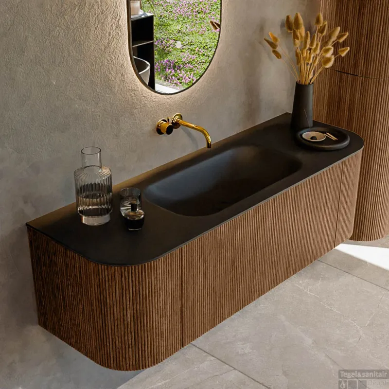 Flitsaanbieding Mondiaz KURVE 140 cm Onderkast Greeploos 1 Lade Met Deuren Walnut, Wastafel Solid Surface Midden Urban 0 Kraangaten Zonder Spiegel (KRVBGS140L+R1L2D0KM-Wal/Urb)